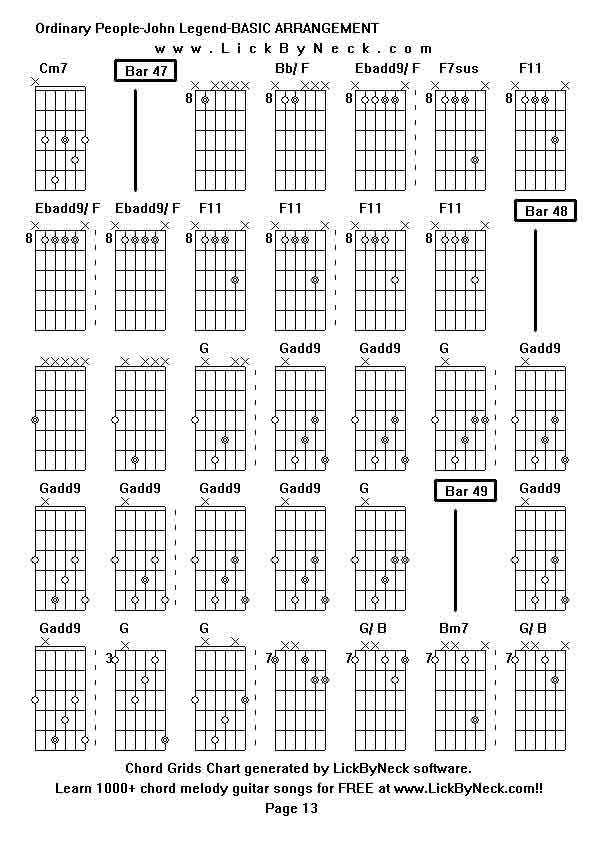 Chord Grids Chart of chord melody fingerstyle guitar song-Ordinary People-John Legend-BASIC ARRANGEMENT,generated by LickByNeck software.